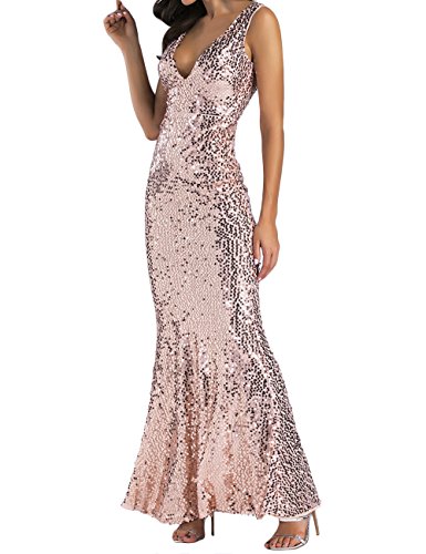 SOMTHRON Mujer Sexy Cuello en V Profundo Sin Mangas Largo Bodycon Lentejuela Partido Baile de Pelota Vestido(GO,L)