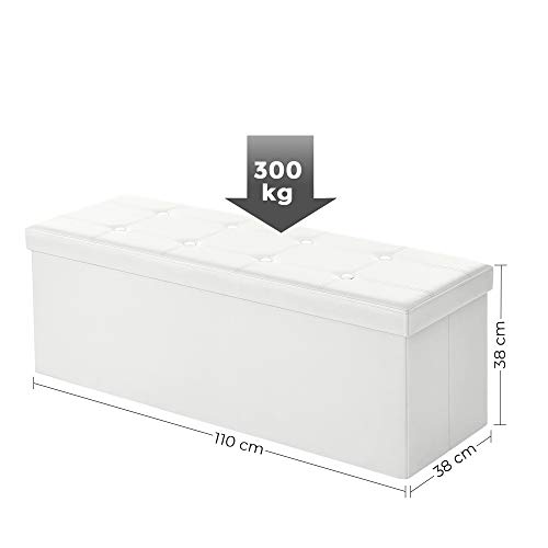 Songmics Baúl Puff - Taburete para almacenaje, Plegable Carga máxima de 300 kg, Blanco, 110 x 38 x 38 cm