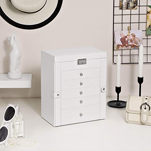 SONGMICS Caja Grande de Joyas, Caja Joyero de 6 Niveles con Puertas Laterales, Cajones, Espejo y Cerradura, para Pulseras, Pendientes, Anillos, Collares, Relojes, Blanco JBC152W01