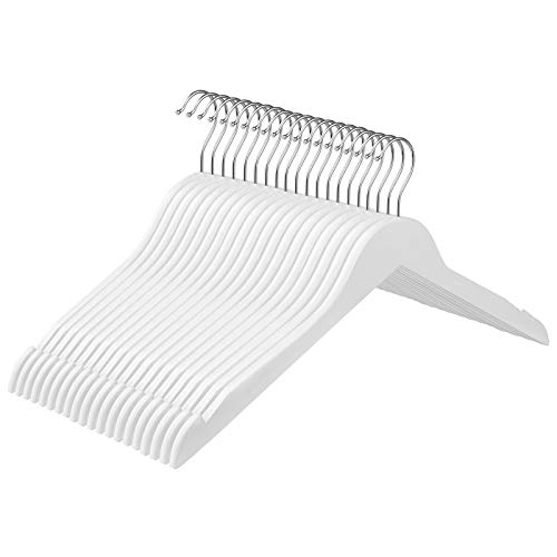 SONGMICS Paquete de 20 Perchas, Perchas de Madera Maciza, con Hombros Dentados, Antideslizantes, para Abrigos, Trajes, Chaquetas, Camisas, Gancho Giratorio de 360°, Blanco CRW003WT20