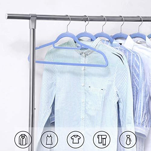 SONGMICS Perchas de Terciopelo, Paquete de 50, Antideslizantes, 0.6 cm Espesor, Espacio Mínimo, Ganchos Giratorios de 360°, 45 cm Ancho, para Abrigo, Chaqueta, Vestido, Pantalón, Azul Claro CRF50IN