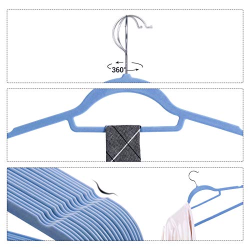 SONGMICS Perchas de Terciopelo, Paquete de 50, Antideslizantes, 0.6 cm Espesor, Espacio Mínimo, Ganchos Giratorios de 360°, 45 cm Ancho, para Abrigo, Chaqueta, Vestido, Pantalón, Azul Claro CRF50IN