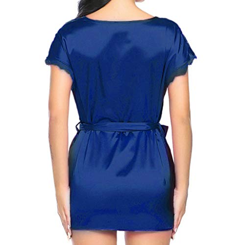 Sonnena Mujer de Seda Kimono Encaje Transparente Pijama en V Larga Ropa de Dormir Verano Conjutno Una Pieza Sexy Traje de Color Oscuro