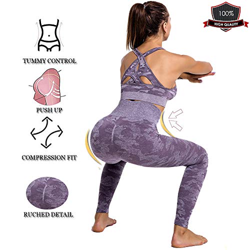 SotRong Mujer Pantalones Mallas Fitness Elásticos Impresión Pantalones de Yoga de Camuflaje Gym Slim Fit Pantalones Largos Leggings Cintura Alta Deportivos Running Fitness Pantalon Morado M