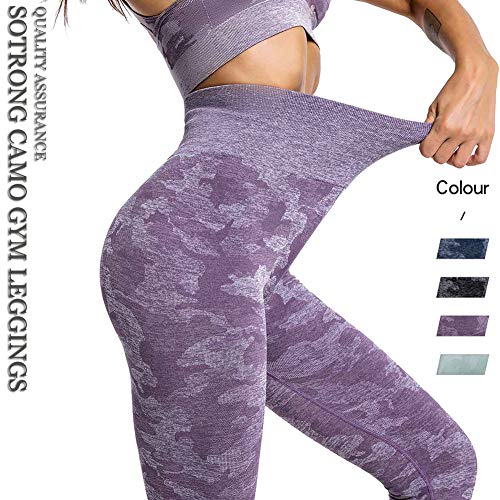 SotRong Mujer Pantalones Mallas Fitness Elásticos Impresión Pantalones de Yoga de Camuflaje Gym Slim Fit Pantalones Largos Leggings Cintura Alta Deportivos Running Fitness Pantalon Morado M