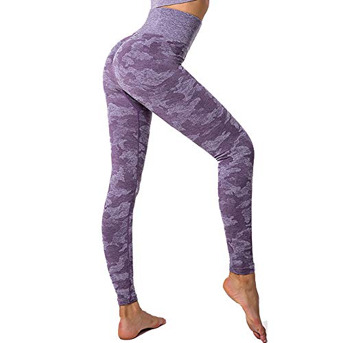 SotRong Mujer Pantalones Mallas Fitness Elásticos Impresión Pantalones de Yoga de Camuflaje Gym Slim Fit Pantalones Largos Leggings Cintura Alta Deportivos Running Fitness Pantalon Morado M