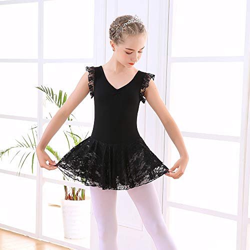 Soudittur Maillot de Ballet Niña Vestido de Danza Baile Tutú Leotardo Algodón Gimnasia Clásico Sin Mangas con Faldas de Encaje en Negro (10-11 Años)