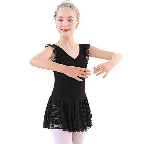 Soudittur Maillot de Ballet Niña Vestido de Danza Baile Tutú Leotardo Algodón Gimnasia Clásico Sin Mangas con Faldas de Encaje en Negro (10-11 Años)