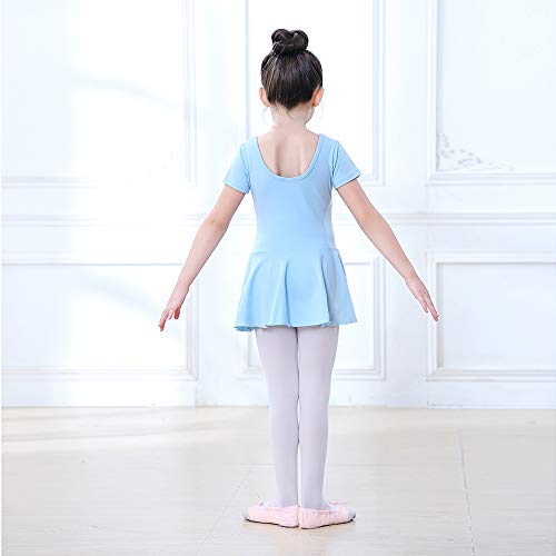 Soudittur Vestido Maillot de Ballet Danza Clásico para Niña Algodón Leotardo Gimnasia Body Manga Corta en Azul (4-5 Años)