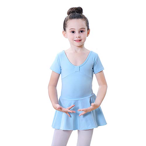 Soudittur Vestido Maillot de Ballet Danza Clásico para Niña Algodón Leotardo Gimnasia Body Manga Corta en Azul (4-5 Años)