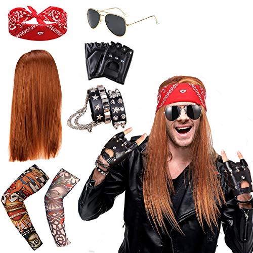 SPECOOL Rockstar 90s Heavy Metal Rocker Costume Punk Gothic Kit 70s 80s 90s con Peluca, Guantes Punk, Gafas de sol, Pañuelos, Pulsera Cuero Calavera, Cubierta Mangas Tatuaje Falso Brazo