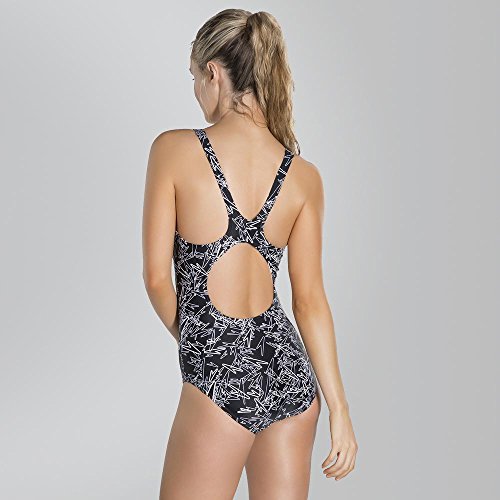 Speedo Boom Allover, Bañador para Mujer, multicolor (Negro/Blanco (Lava Red Liner And Branding)),talla 32 EU