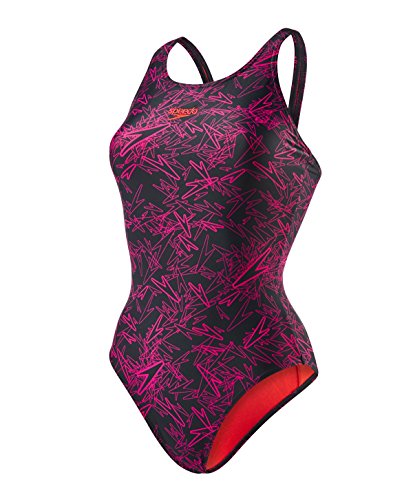 Speedo Boom Allover, Bañador para Mujer, multicolor (Negro/rosa eléctrico (Lava Red Liner And Branding)), talla 32 EU