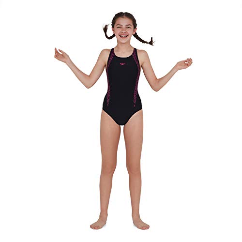 Speedo Boom Splice Muscleback Bañador Niña para Natación, Color Negra/Rosa eléctrico, Talla 11,12 Años