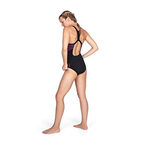 Speedo Boom Splice Muscleback Bañadores de Mujer para Natación, Color Negra/Rosa eléctrico, Talla 46