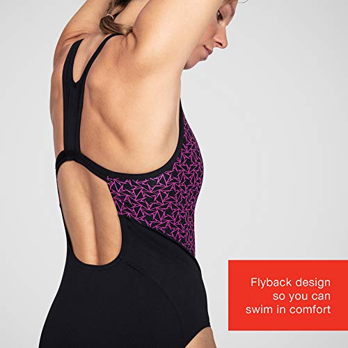 Speedo Boom Splice Muscleback Bañadores de Mujer para Natación, Color Negra/Rosa eléctrico, Talla 46