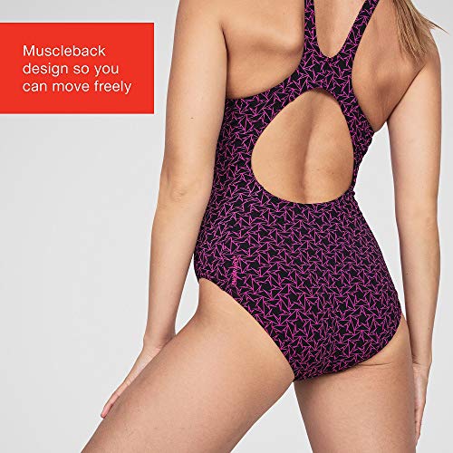 Speedo Boomstar Allover Muscleback Bañador de Mujer para Natación, Color Negra/Rosa, Talla 38