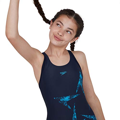 Speedo Boomstar Placement Flyback Swimsuit, Junior Girls, Azul Marino/Azul, 30 (11-12 años)