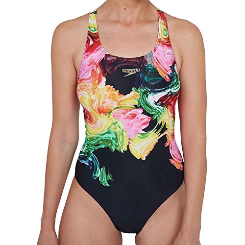 Speedo Colourblend Placement Digital Powerback Bañador, Mujer, Black/Mango/Lava Red/White/Jade, 32