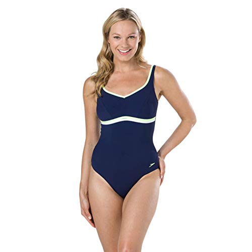 Speedo ContourLuxe 1Piece Bañador, Mujer, Azul Marino/Bright Zest/Blanco, 34