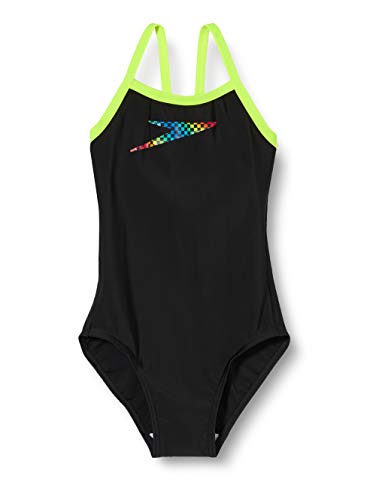 Speedo Digital Plastisol Placement Thinstrap Bañador, Niña, Negro (Black/Fluo Yellow/Lava Red/Bondi Blue/Jade), 30 (11-12 Años)