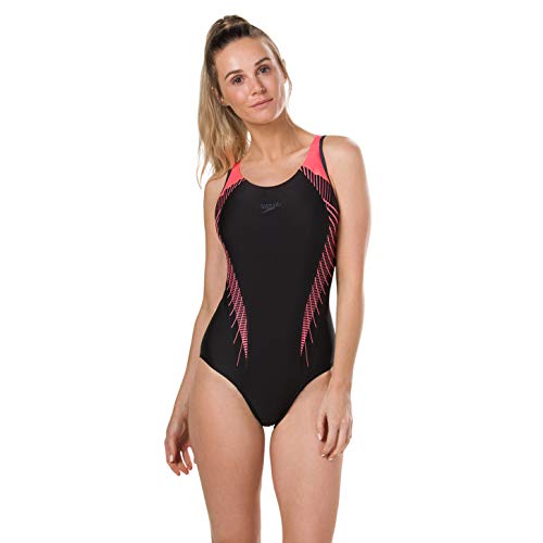 Speedo Fit Laneback Bañador, Mujer, Negro/Rojo psicodélico/Gris óxido, 38