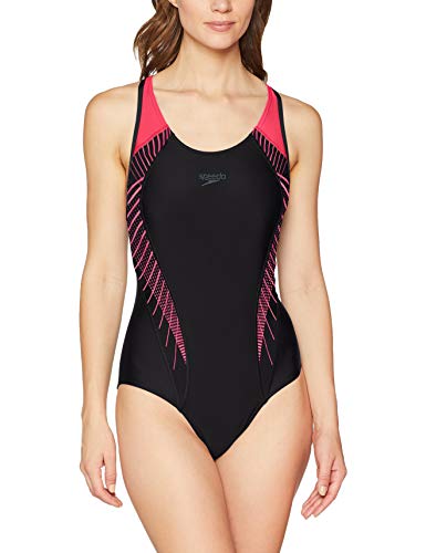 Speedo Fit Laneback Bañador, Mujer, Negro/Rojo psicodélico/Gris óxido, 38