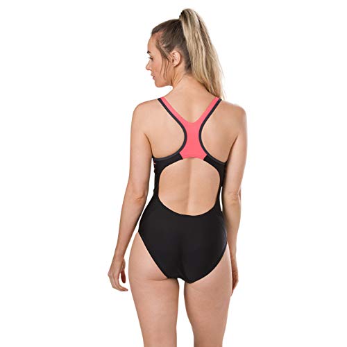 Speedo Fit Laneback Bañador, Mujer, Negro/Rojo psicodélico/Gris óxido, 38