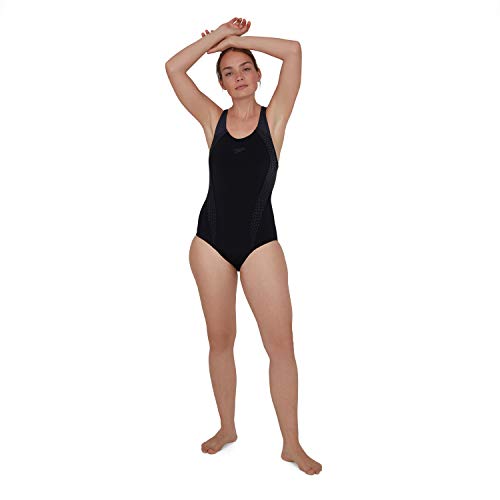 Speedo Laneback con Inserto Bañador, Mujer, Negro/Gris óxido, 13-14