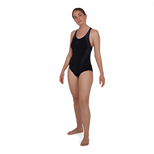 Speedo Laneback con Inserto Bañador, Mujer, Negro/Gris óxido, 13-14