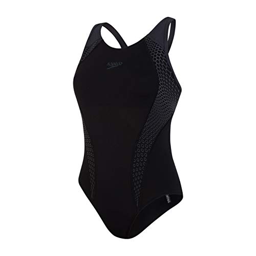 Speedo Laneback con Inserto Bañador, Mujer, Negro/Gris óxido, 13-14