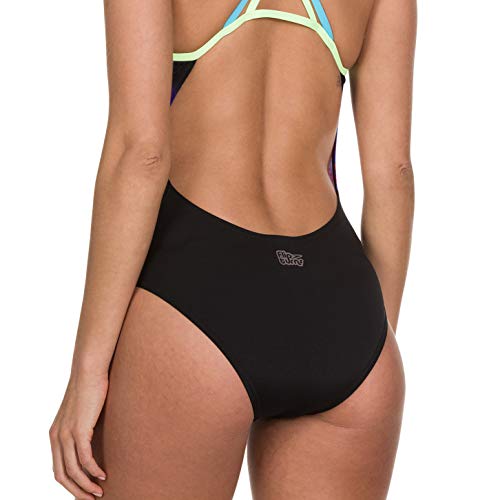 Speedo Neon Fan Placement Crossback Bañador, Mujer, Neon Fan Blk/BRT Zst/Aqua, 32 (ES 38)