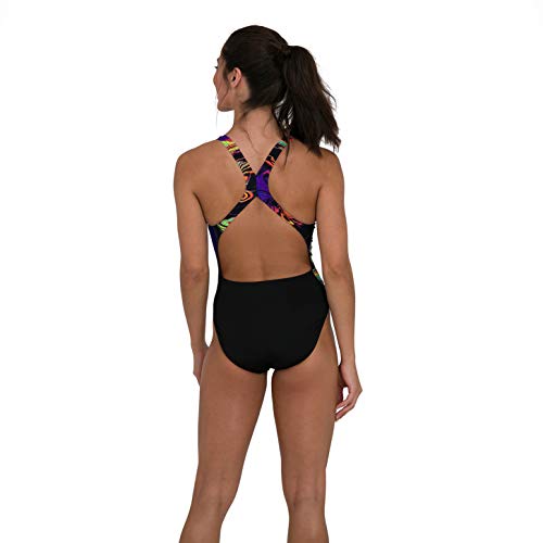 Speedo Placement Digital Powerback Swimsuit, Mujer, Black/Fluo Yellow/Green Glow/Violet, 36 (UK 14)