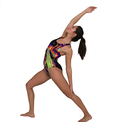Speedo Placement Digital Powerback Swimsuit, Mujer, Black/Fluo Yellow/Green Glow/Violet, 36 (UK 14)