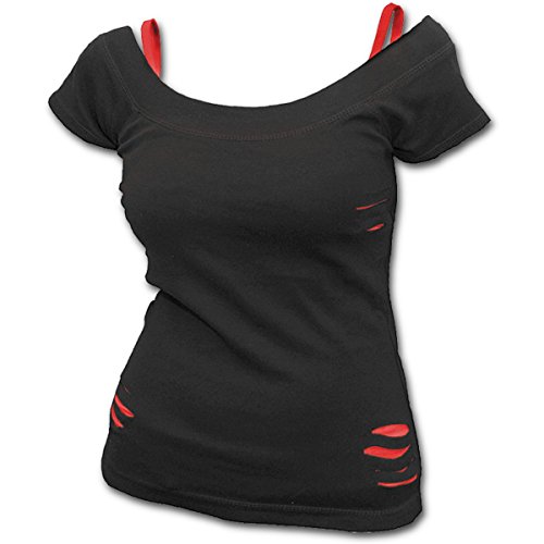 Spiral Direct Urban Fashion-2in1 Red Ripped Top Black Camiseta, Negro (Black & Red 005), 44 (Talla del Fabricante: Large) para Mujer