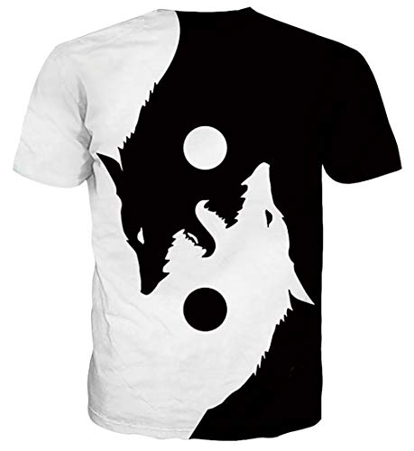 Spreadhoodie Hombre T-Shirt Modelo 3D Lobo Impresos de Dibujos Animados Casual Camiseta de Manga Corta Tees Blanco Negro XL