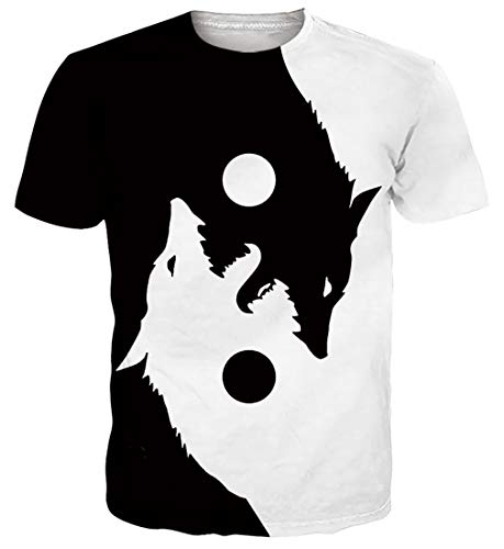 Spreadhoodie Hombre T-Shirt Modelo 3D Lobo Impresos de Dibujos Animados Casual Camiseta de Manga Corta Tees Blanco Negro XL