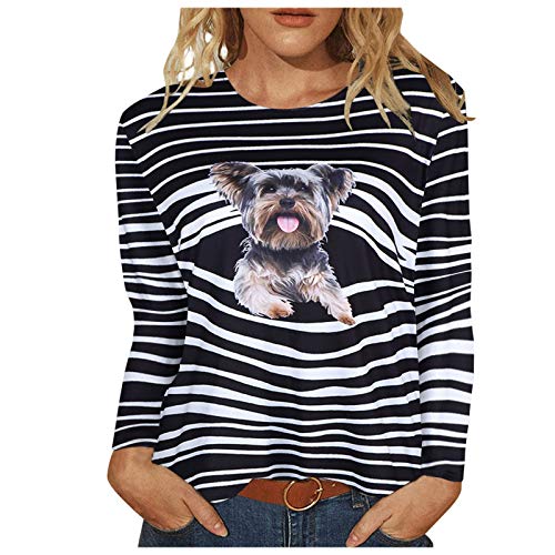 Spritumn Camiseta de Manga Larga de Talla Grande para Mujer Chica Tops de Estampado Gato Perro en 3D Blusa con Cuello Redondo S～XXXL