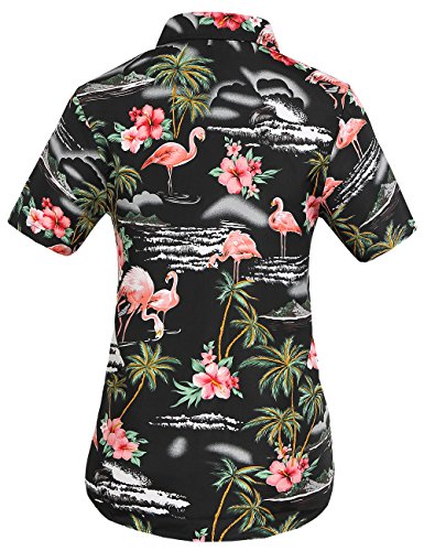 SSLR Camisa de Manga Corta Estilo Hawaiana con Estampado de Flamencos paea Verano Fiesta de Mujer (Medium, Negro)