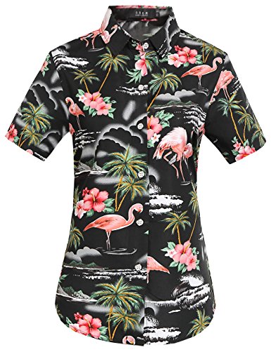 SSLR Camisa de Manga Corta Estilo Hawaiana con Estampado de Flamencos paea Verano Fiesta de Mujer (Medium, Negro)
