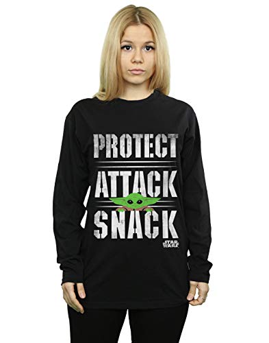 Star Wars Mujer The Mandalorian Protect Attack Snack Novio Fit Manga Larga De La Camiseta Negro XX-Large