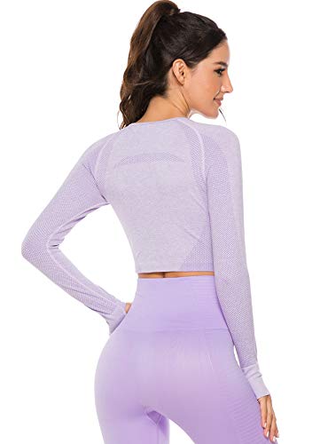 STARBILD - Camiseta de Manga Larga para Mujer con puño y Cuello Redondo, Transpirable, cómoda, para Yoga, Fitness, Gimnasio, musculación Morado M