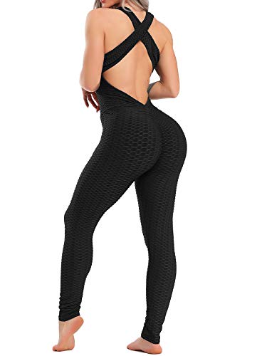 STARBILD Leggings Mallas Deporte de una Pieza para Mujer Sexy Pantalones Texturizados Elásticos con Espalda Abierta para Yoga Fitness #Classic-Negro L