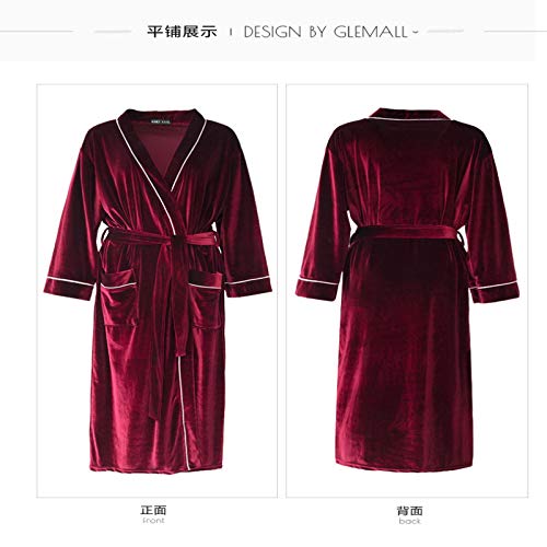STJDM Bata de Noche,Batas Parejas Manga Larga Primavera 3XL Terciopelo Kimono sólido Albornoces para Mujer Ropa de hogar Elegante Bolsillo de Moda con Cordones Invierno Simple XXXL Burdeos