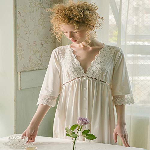 STJDM Bata de Noche,Verano romántico camisón Mujer con Cuello en v Dama Ropa de Dormir Vestido Mujer Retro algodón camisón Moda Bata M Blanco