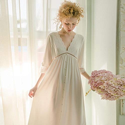 STJDM Bata de Noche,Verano romántico camisón Mujer con Cuello en v Dama Ropa de Dormir Vestido Mujer Retro algodón camisón Moda Bata M Blanco