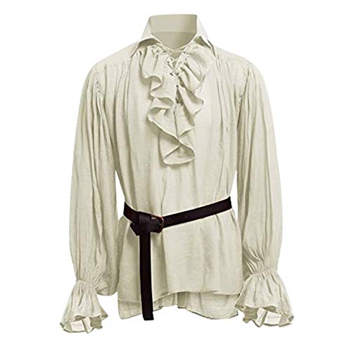 STRIR Camisa con Cordones renacentista Medieval Túnica Medieval Traje Caballero Viking Guerrero Camiseta con Cinturón para Hombres Disfraz de Pirata de la Edad Media (XXL, Beige)