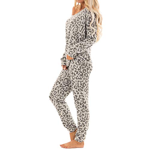 STRIR Pijama Mujer Invierno Primavera Algodon Mangas Larga Pantalon Largo 2 Piezas Suave Cómodo Estampados de Leopardo Pijamas Invernal Regalo (XL, Gris)