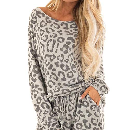 STRIR Pijama Mujer Invierno Primavera Algodon Mangas Larga Pantalon Largo 2 Piezas Suave Cómodo Estampados de Leopardo Pijamas Invernal Regalo (XL, Gris)
