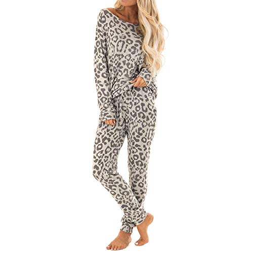 STRIR Pijama Mujer Invierno Primavera Algodon Mangas Larga Pantalon Largo 2 Piezas Suave Cómodo Estampados de Leopardo Pijamas Invernal Regalo (XL, Gris)